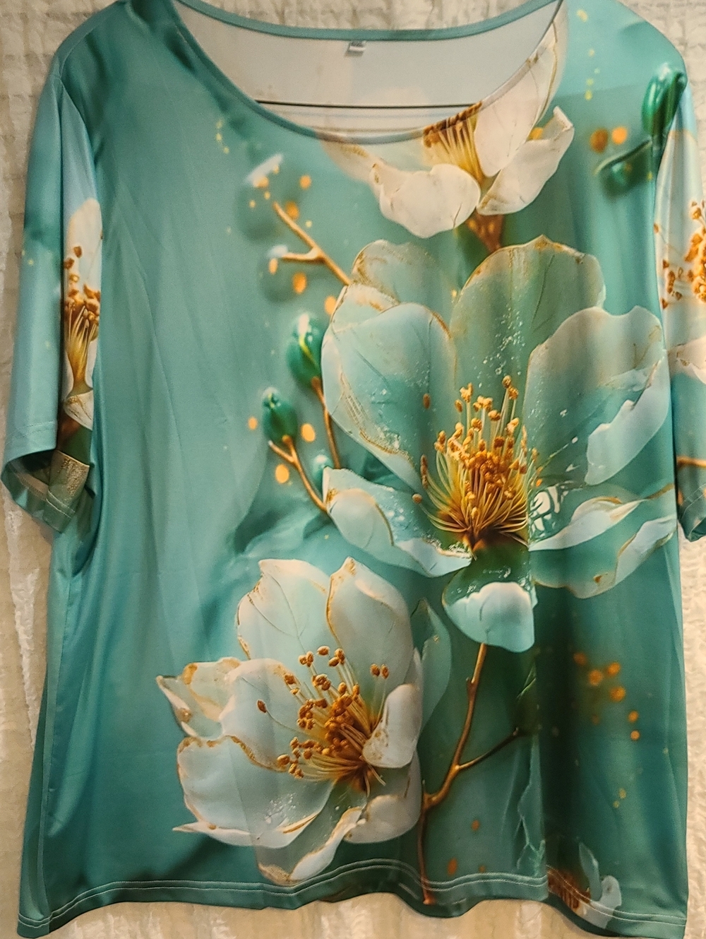 Women's Teal 5XL Floral Short Sleeve Tunic Top PTP 30